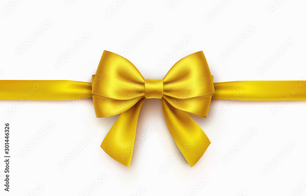 Bow isolated on white background. Vector Christmas gold satin ribbon, xmas golden wrap element template. Bow isolated on white background. Vector Christmas gold satin ribbon, xmas golden wrap element template.