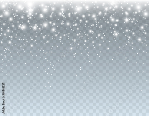 Glitter light sparkles effect isolated on transparent background. Vector white glowing snow with stars for Christmas, New Year luxury card design.