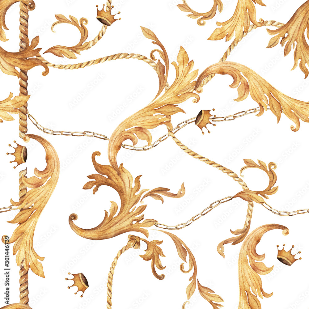 Gold chains and baroque leaves print on white background. Watercolor seamless pattern. Hand drawn vintage illustration