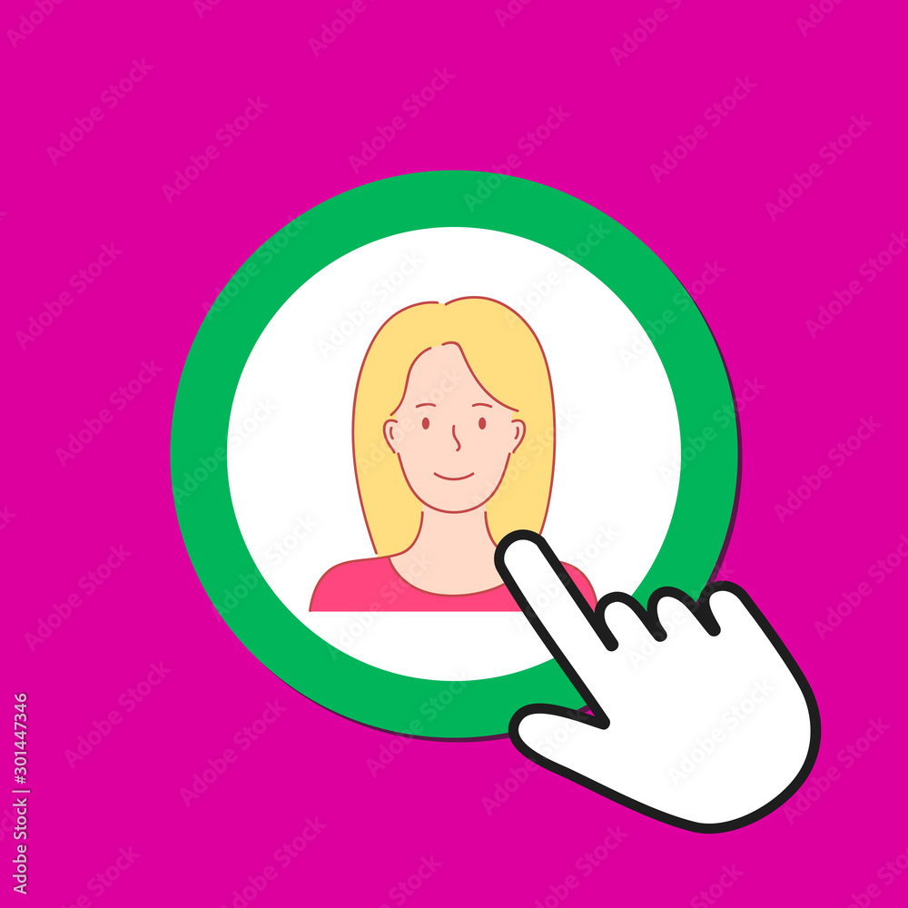 Female avatar icon. Personal profile concept. Hand Mouse Cursor Clicks the Button. Female avatar icon. Personal profile concept. Hand Mouse Cursor Clicks the Button.