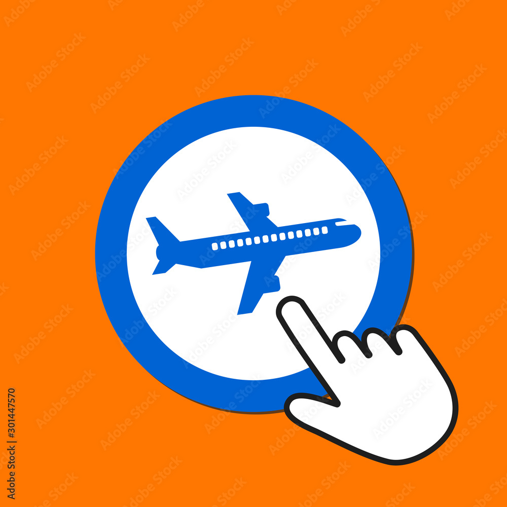 Airplane icon. Traveling concept. Hand Mouse Cursor Clicks the Button. Airplane icon. Traveling concept. Hand Mouse Cursor Clicks the Button.