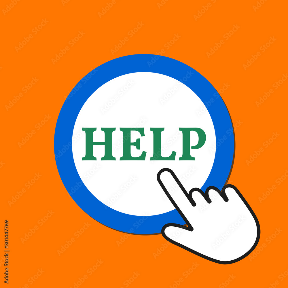 Help icon. Support concept. Hand Mouse Cursor Clicks the Button. Help icon. Support concept. Hand Mouse Cursor Clicks the Button.