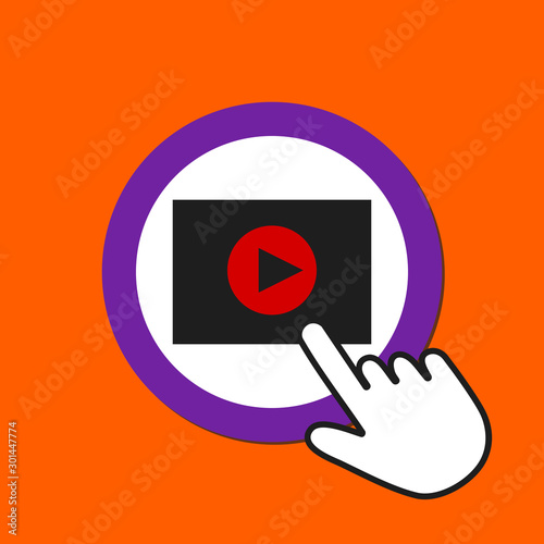 Video play icon. Online media concept. Hand Mouse Cursor Clicks the Button.