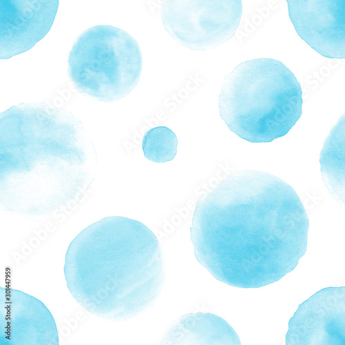 Seamless light blue watercolor pattern on white background. Watercolor seamless pattern with dots and circles.