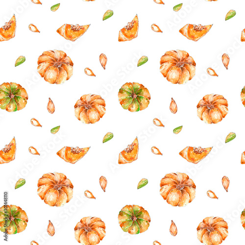 Thanksgiving watercolor pattern with orange pumpkin top view for flat. Hand drawn isolated on a white background.
