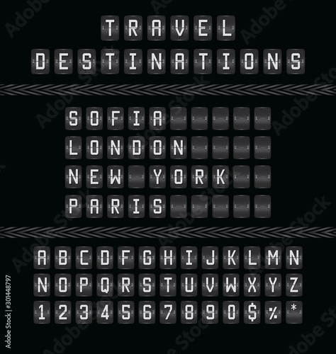 Airport Flip Board Panel With Travel Destinations, Realistic vector score board with mechanical sign messages. Automatic analog time table in airport terminals. Alphabet included with modern font.