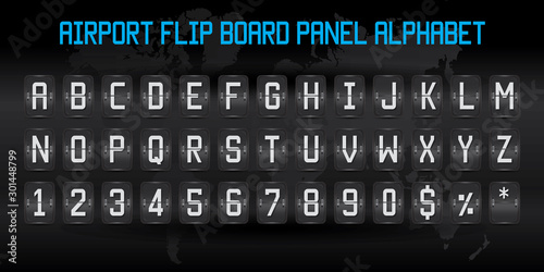 English Alphabet in Airport Flip Board Panel With Travel Destinations, Realistic vector score panel with mechanical sign messages. Automatic analog time table in airport terminals with modern font. 
