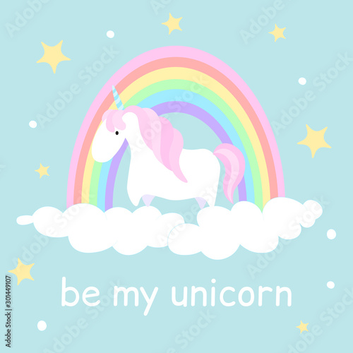 Cute card with Unicorn and rainbow with Hand drawn lettering 