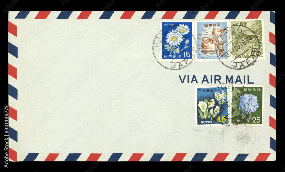 Fotografia do Stock: Luftpost airmail Japan Nippon vintage retro Umschlag  envelope 1968 gestempelt Blumen Briefmarken stamps 1968 Vögel Enten Tempel  Mandarin Duck Mandarinente Daisy Gänseblümchen Stinkkohl Hortensie | Adobe  Stock