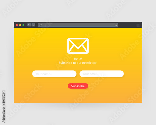 Subscribe to our newsletter form. Sign up form with envelope, email sign. Vector illustration.