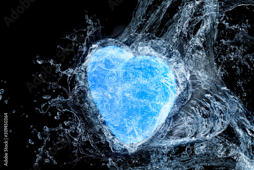 Wet heart in light blue water with water drops is flying on the black background. Happy Valentine's Day