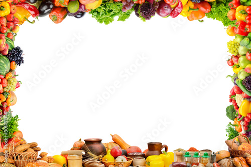 Fruits, vegetables, bread, milk and other food products in form frame isolate...