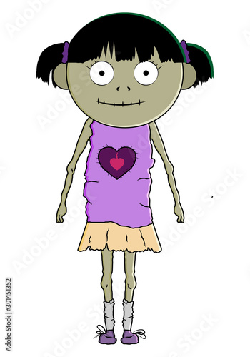 Vector illustration of cartoon zombie-girl isolated on white background.