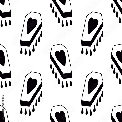 coffin with a heart seamless doodle pattern, vector illustration