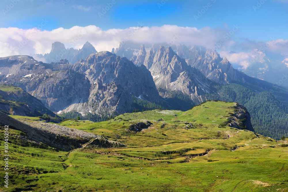Great view of the top Cadini di Misurina range in National Park Tre Cime di Lavaredo. Dolomites, Italy