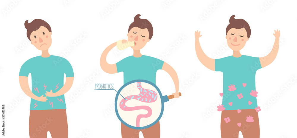 Health benefits of taking probiotics. Probiotic therapy flat style. Boy  drinking yogurt with probiotics bacteria in the gut. Prebiotic,  lactobacillus in yogurt. - Vector Scheme of probiotic benefits Stock Vector  | Adobe Stock