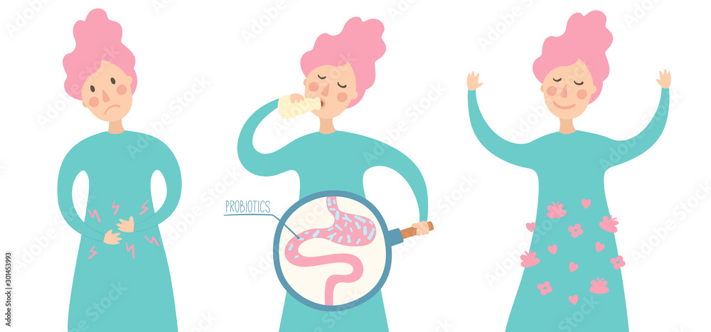 Health benefits of taking probiotics. Probiotic therapy flat style. Girl drinking yogurt with probiotics bacteria in the gut. Prebiotic, lactobacillus in yogurt. - Vector Scheme of probiotic benefits Health benefits of taking probiotics. Probiotic therapy flat style. Girl drinking yogurt with probiotics bacteria in the gut. Prebiotic, lactobacillus in yogurt. - Vector Scheme of probiotic benefits