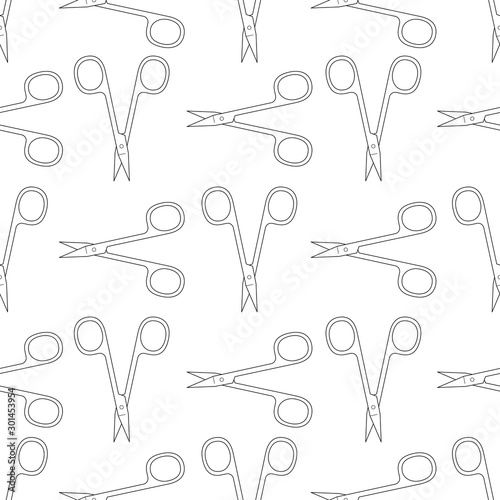 Pattern of scissors for manicure and pedicure. Vector texture. Thin line symbol. Design for banner, flyer, poster or print, websites, web design, mobile app on white background.