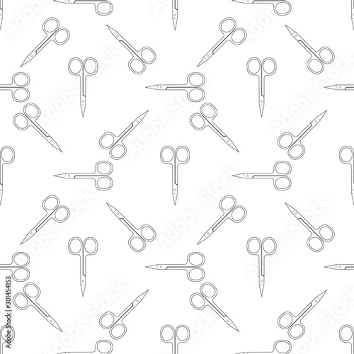 Pattern of scissors for manicure and pedicure. Vector texture. Thin line symbol. Design for banner, flyer, poster or print, websites, web design, mobile app on white background.