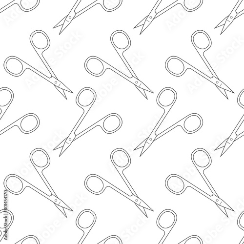 Pattern of scissors for manicure and pedicure. Vector texture. Thin line symbol. Design for banner, flyer, poster or print, websites, web design, mobile app on white background.