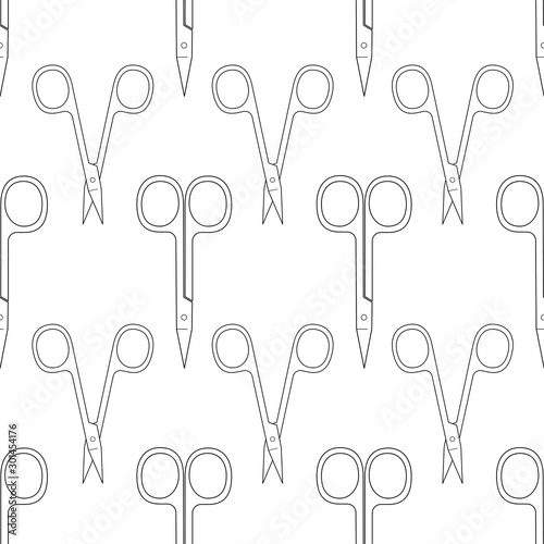 Pattern of scissors for manicure and pedicure. Vector texture. Thin line symbol. Design for banner, flyer, poster or print, websites, web design, mobile app on white background.