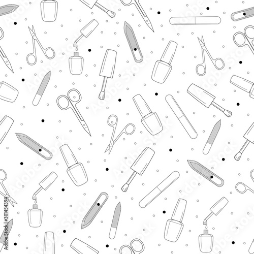 Seamless manicure set pattern. Nail file, buff, nail polish with a brush, open and closed scissors. Isolated. Design for banner, flyer, poster or print, websites, web design, mobile app.