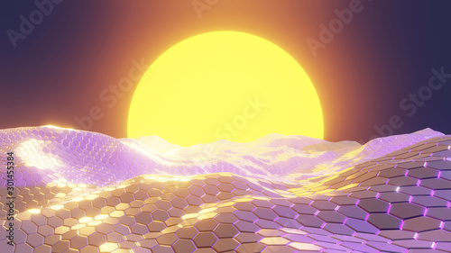 3D rendering. Abstract metallic hexagonal landscape background with retro sunlight or sunset in space