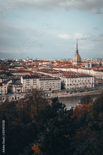 Paisaje de Turin en Italia de la ciudad con el río y edificios