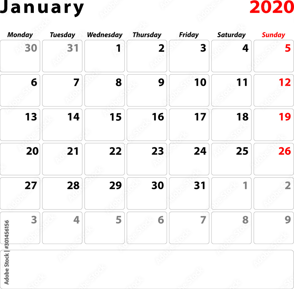 Calendar planner sheet for the month of January 2020, Week starts on monday. Calendar planner sheet for the month of January 2020, Week starts on monday.