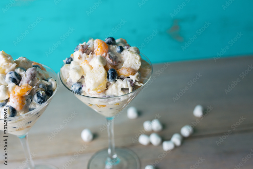 Close up, top view of ambrosia fruit salad Close up, top view of ambrosia fruit salad