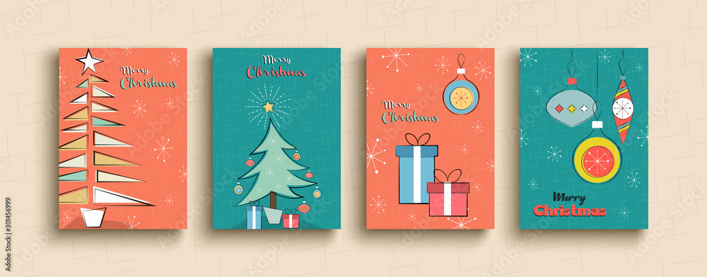 Merry Christmas funny retro cartoon pine tree set
