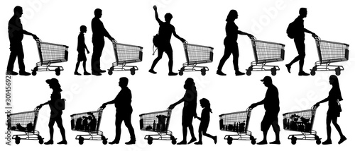 Crowd of shoppers with empty and full shopping carts. Set of isolated people. Vector silhouette