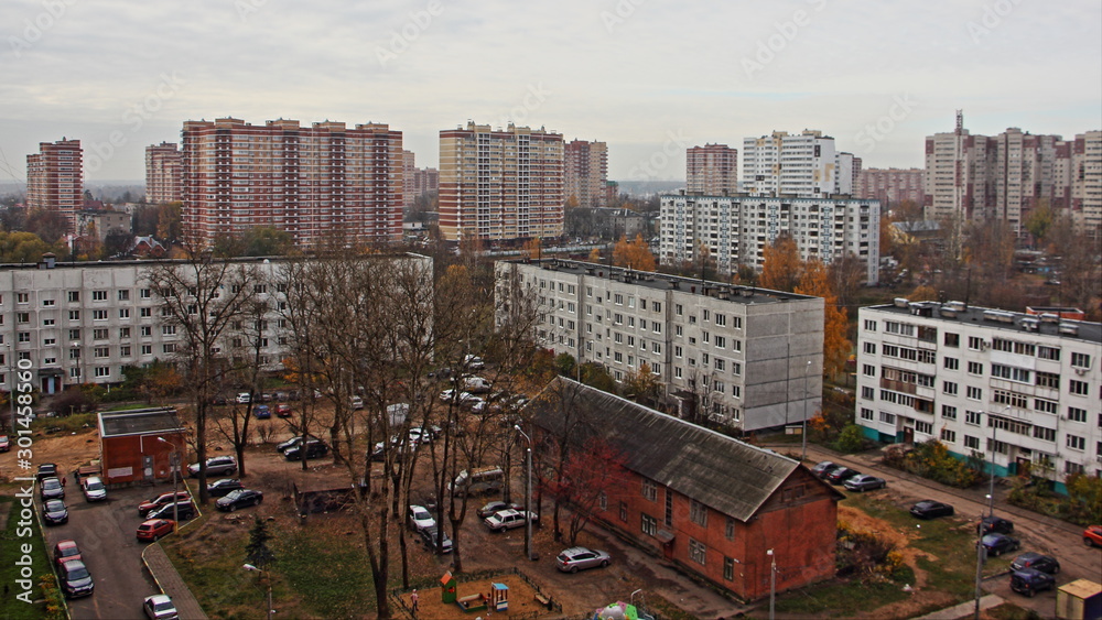 Ivanteevka, Moscow region, Russia. Top view of the areas of new buildings on autumn day