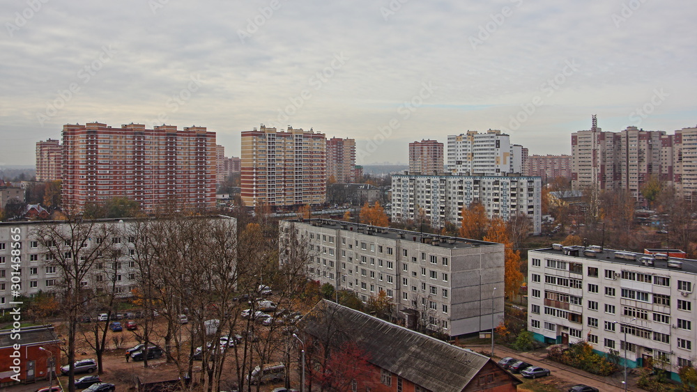 Wide top view of old and new buildings in Ivanteevka area, Moscow region, Russia. 