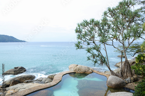 Empty coastline with ptrees, stones and lagoon. photo