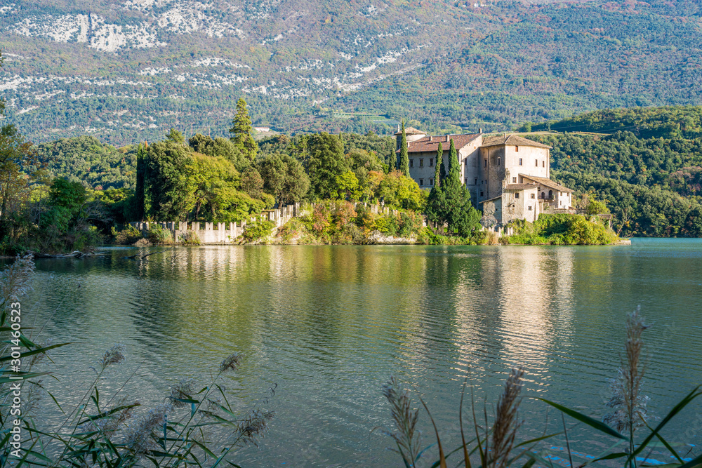 Lake and Castel Toblino, idyllic location in the Province of Trento, Trentino Alto Adige, northern Italy.