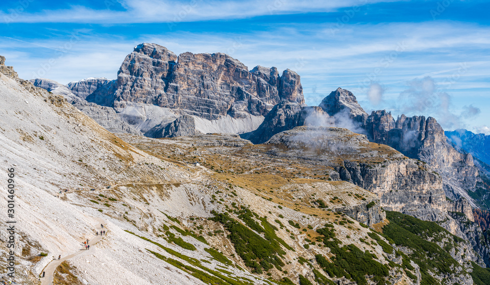 Panoramic view of the Paterno Mountain, near the Tre Cime di Lavaredo peaks. Veneto, Italy.