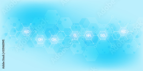Abstract chemistry pattern on blue background with chemical formulas and molecular structures. Template design with concept and idea for science and innovation technology.