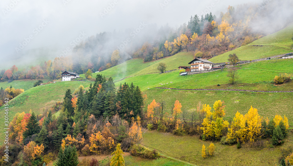 Autumnal panorama at Santa Magdalena village in the famous Val di Funes. Trentino Alto Adige, Italy.
