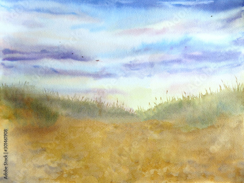 Sunset at the Baltic sea beach dunes. Watercolor hand painted landscape illustration with sand beach and beautiful sunset cloudy sky.