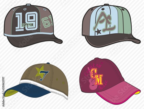 Colorful sport caps. Men accesories, women fashion, headwear, sportive hat. Baseball cap. - Vector