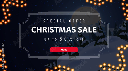 Special offer, Christmas sale, up to 50% off, beautiful discount banner with blue winter landscape on background and offer in vintage frame