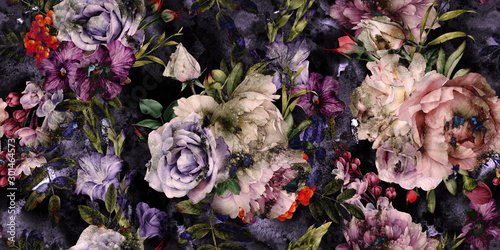 Kwiatowy wzór z kwiatami, akwarela. Projekt szablonu dla tekstyliów, wnętrz, ubrań, tapet. Sztuka botaniczna