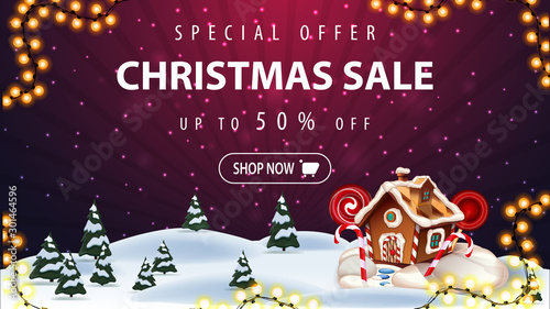 Special offer, Christmas sale, up to 50% off, beautiful purple discount banner with cartoon winter landscape on background and Christmas gingerbread house