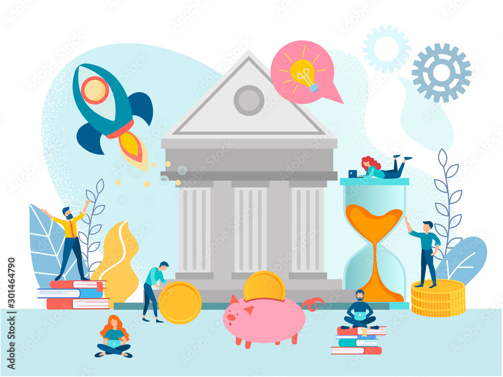 Investment concept. Tiny people near the Bank Investment concept. Tiny people near the Bank