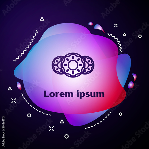 Purple line Donut with sweet glaze icon isolated on dark blue background. Abstract banner with liquid shapes. Vector Illustration