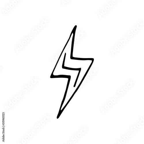 Single hand drawn lightning for greeting cards, posters, comics design. Isolated on white background. Doodle vector illustration.