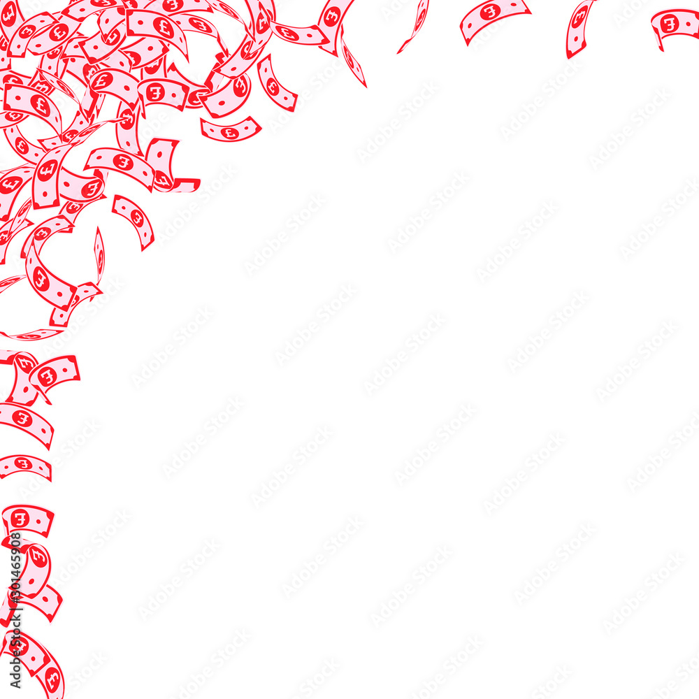 Obraz premium British pound notes falling. Small GBP bills on wh