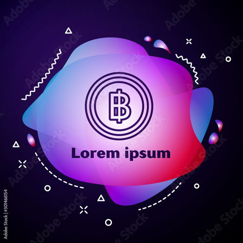 Purple line Cryptocurrency coin Bitcoin icon on dark blue background. Blockchain technology, bitcoin, digital money market, cryptocoin wallet. Abstract banner with liquid shapes. Vector Illustration