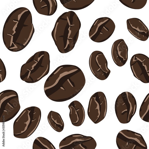 Coffee beans seamless pattern in abstract style. Vector hand drawing illustration. Roasted beans closeup. Coffee seamless pattern, great design for any purposes.